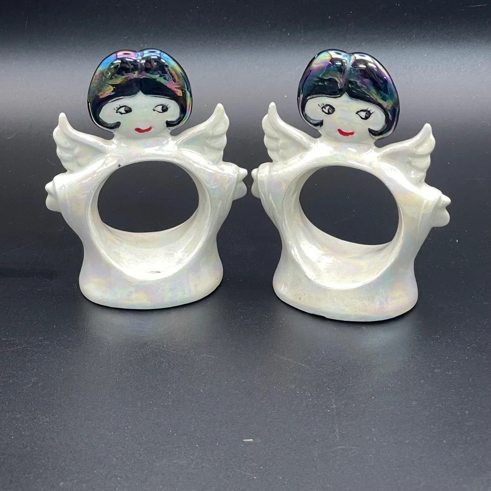Vintage Iridescent Ceramic Angel Napkin Rings Set of 2 White Luster Winged Decor